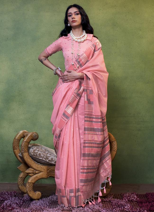 Cotton Pink Wedding Wear Hand Woven Saree